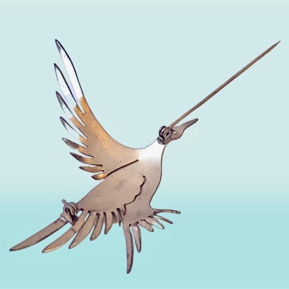 Sterling Silver Flying Goose Duck Brooch Pin HANDMADE Gold Wash - Picture 8 of 13